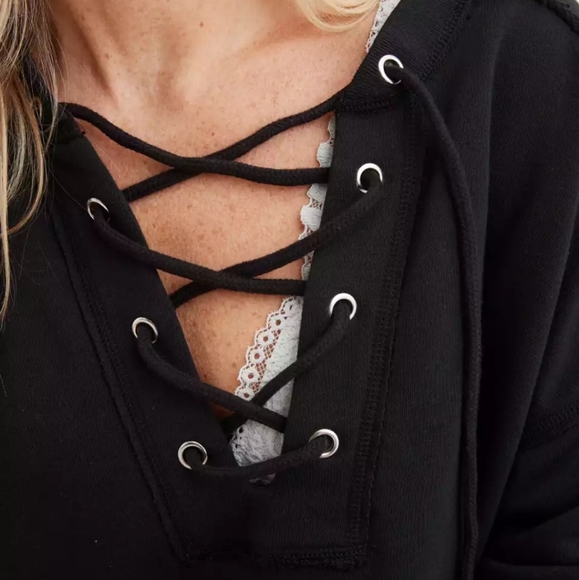 Aerie Sunday Soft Lace Up Sweatshirt True Black - Picture 5 of 5